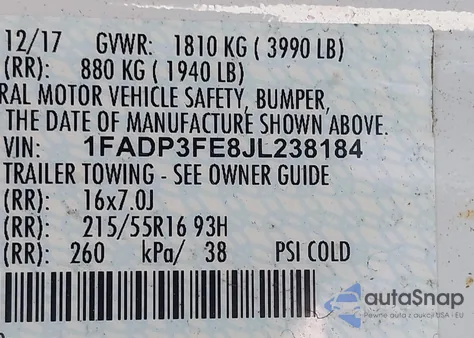 2018 Ford Focus Se z USA, uszkodzony, nr VIN 1FADP3FE8JL238184